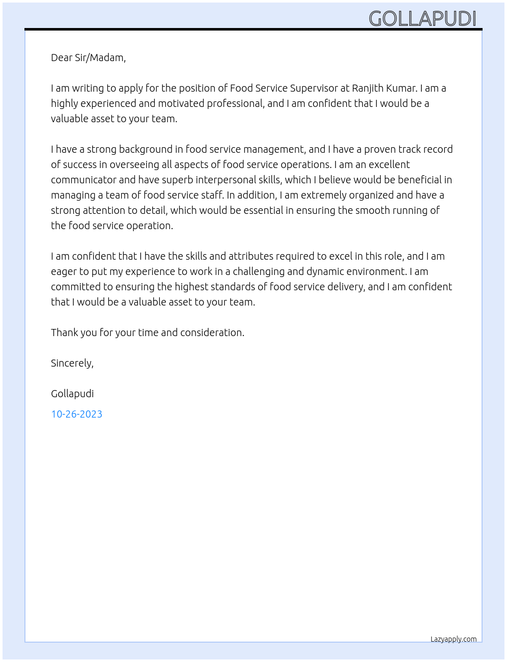 Food service supervisor At Ranjith Kumar  Cover Letter