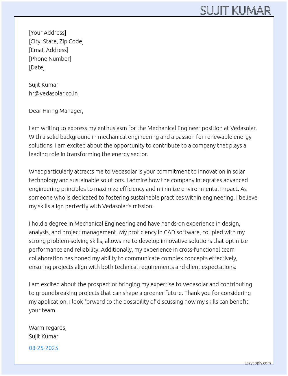 Mechanical Engineer At Vedasolar Cover Letter