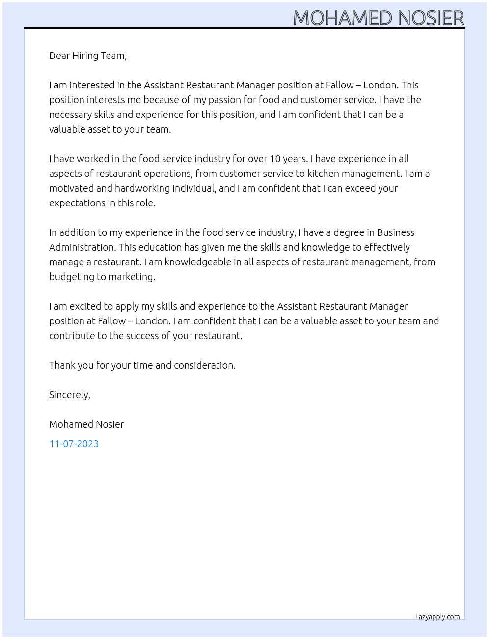 Assistant restaurant manager At Fallow - london Cover Letter