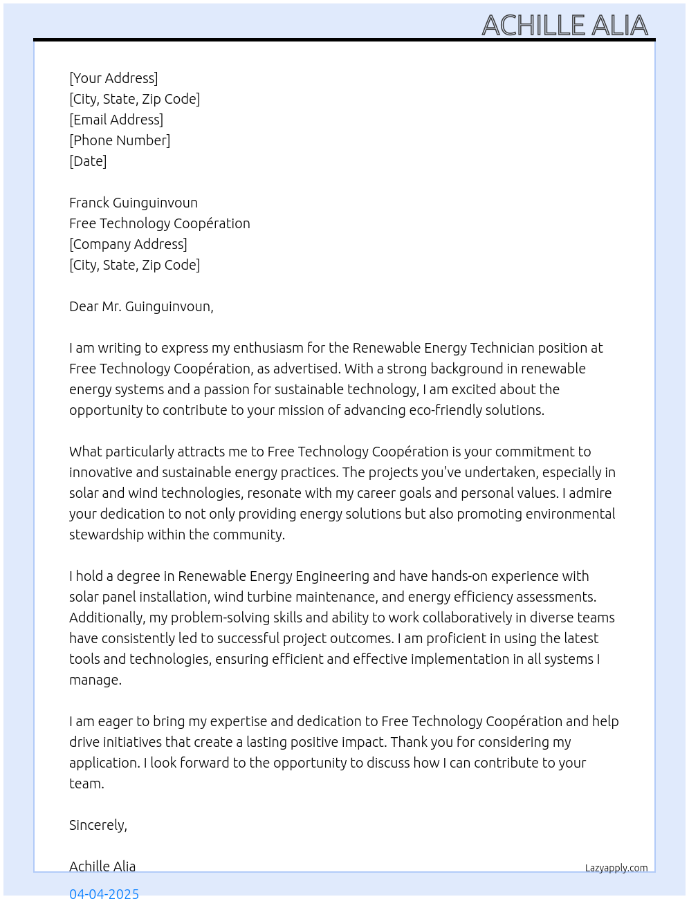 Cover letter for renewable energy technician - LazyApply