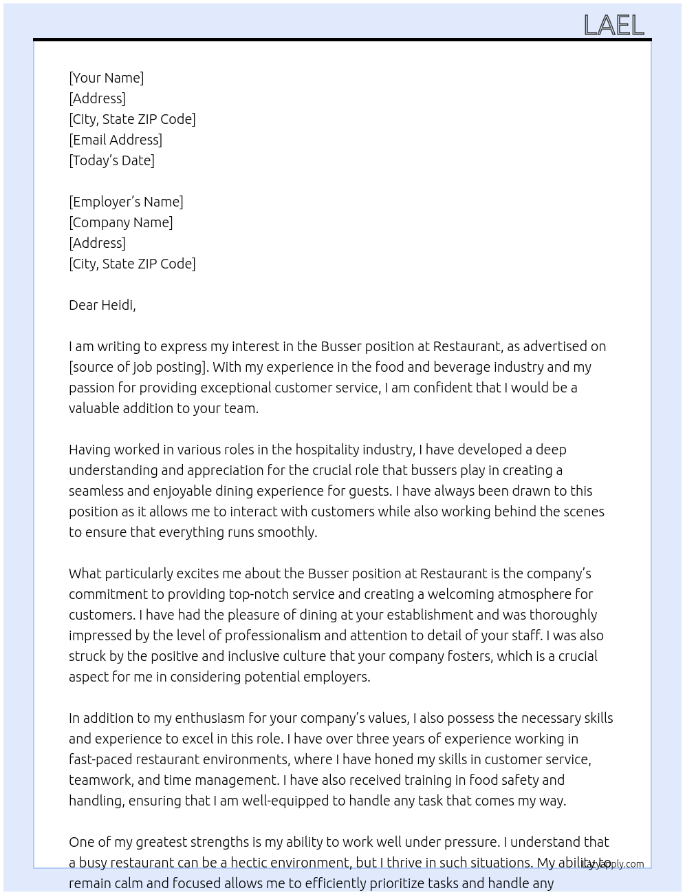 Busser At Restaurant Cover Letter