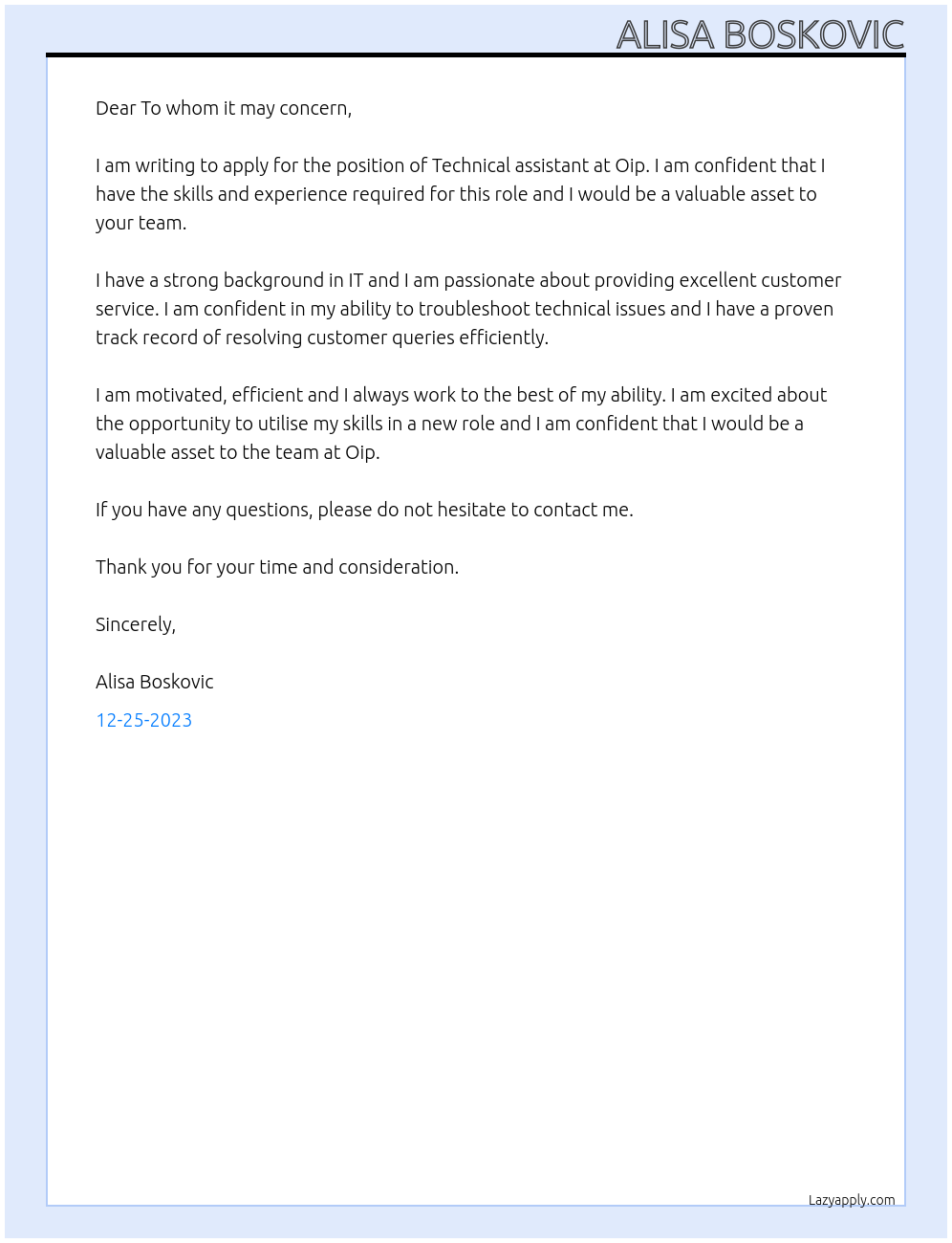 Technical assistant At Oip Cover Letter
