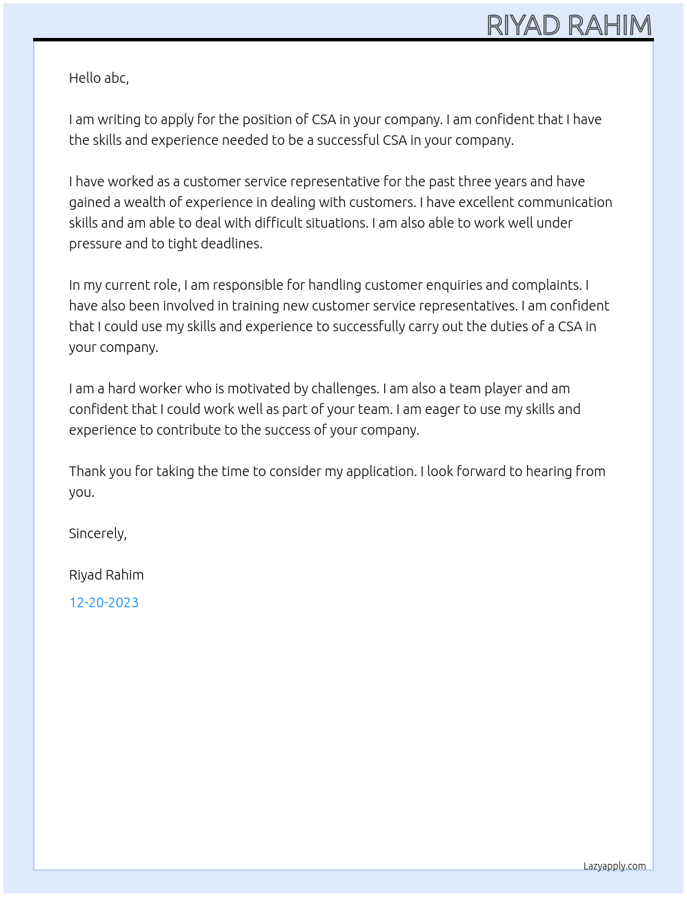 CSA At abc Cover Letter