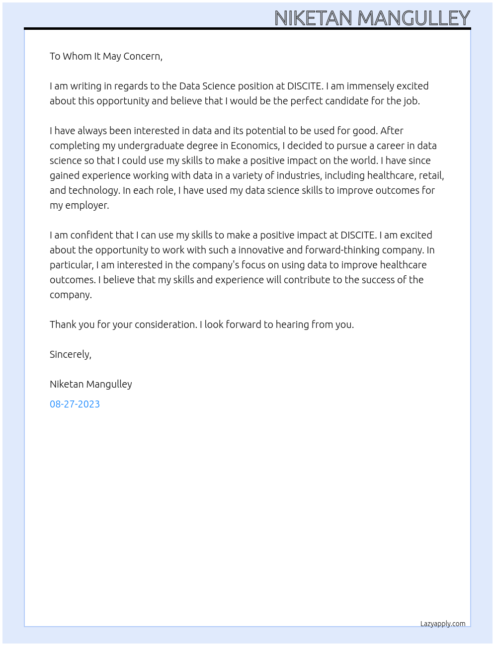 Data Science At DISCITE Cover Letter