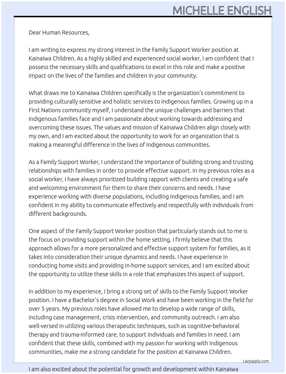 family support worker At Kainaiwa Children Cover Letter