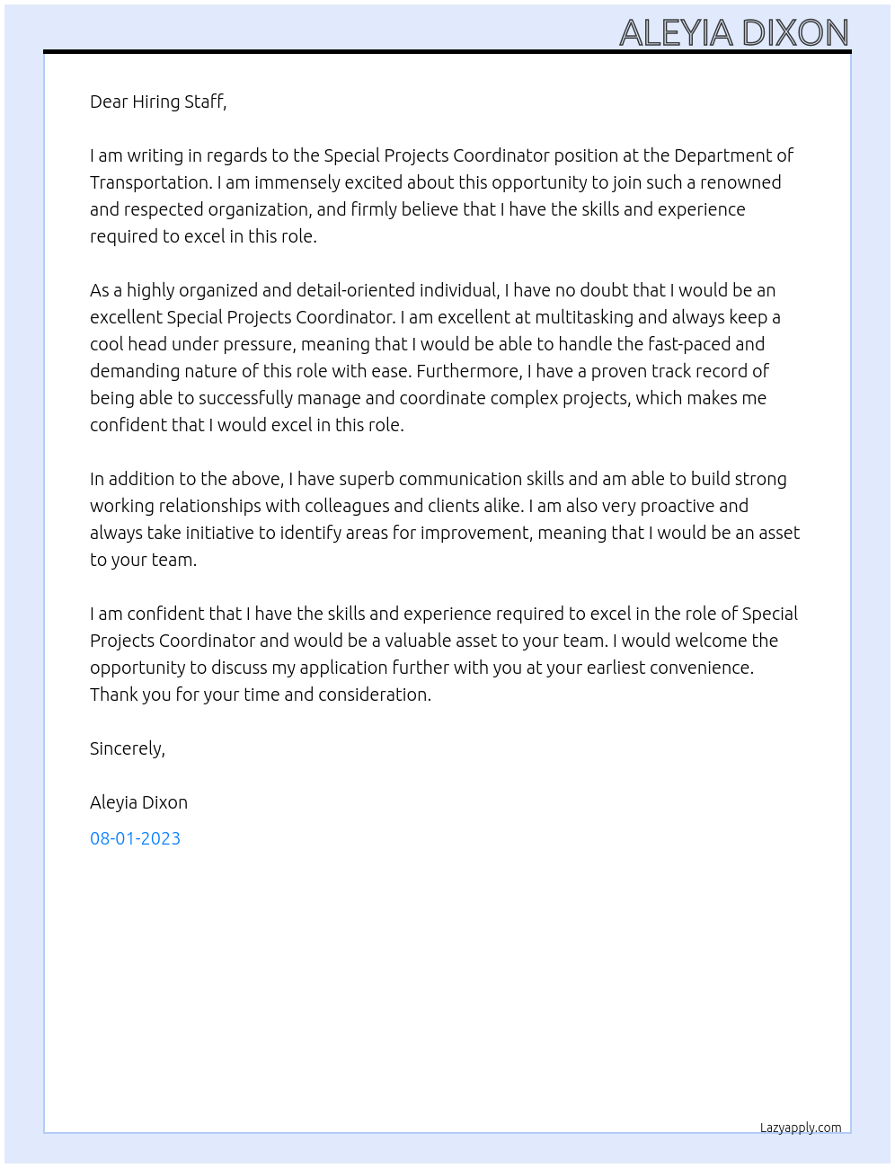 Special Projects Coordinator At Department of Transportation Cover Letter