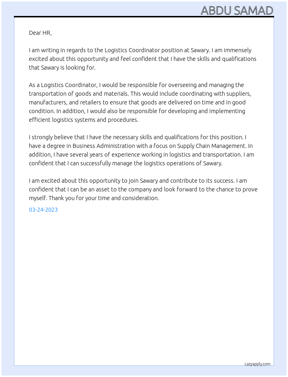 Logistics Coordinator At SAWARY Cover Letter