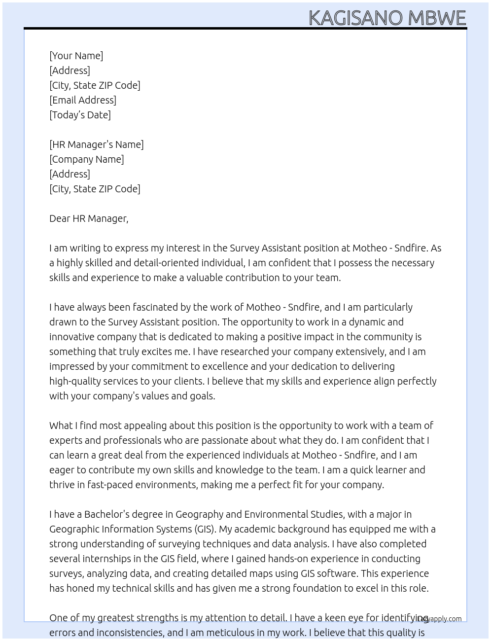 Survey Assistant At Motheo - Sndfire Cover Letter