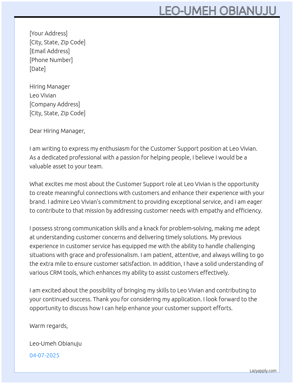 customer support At Leo Vivian  Cover Letter