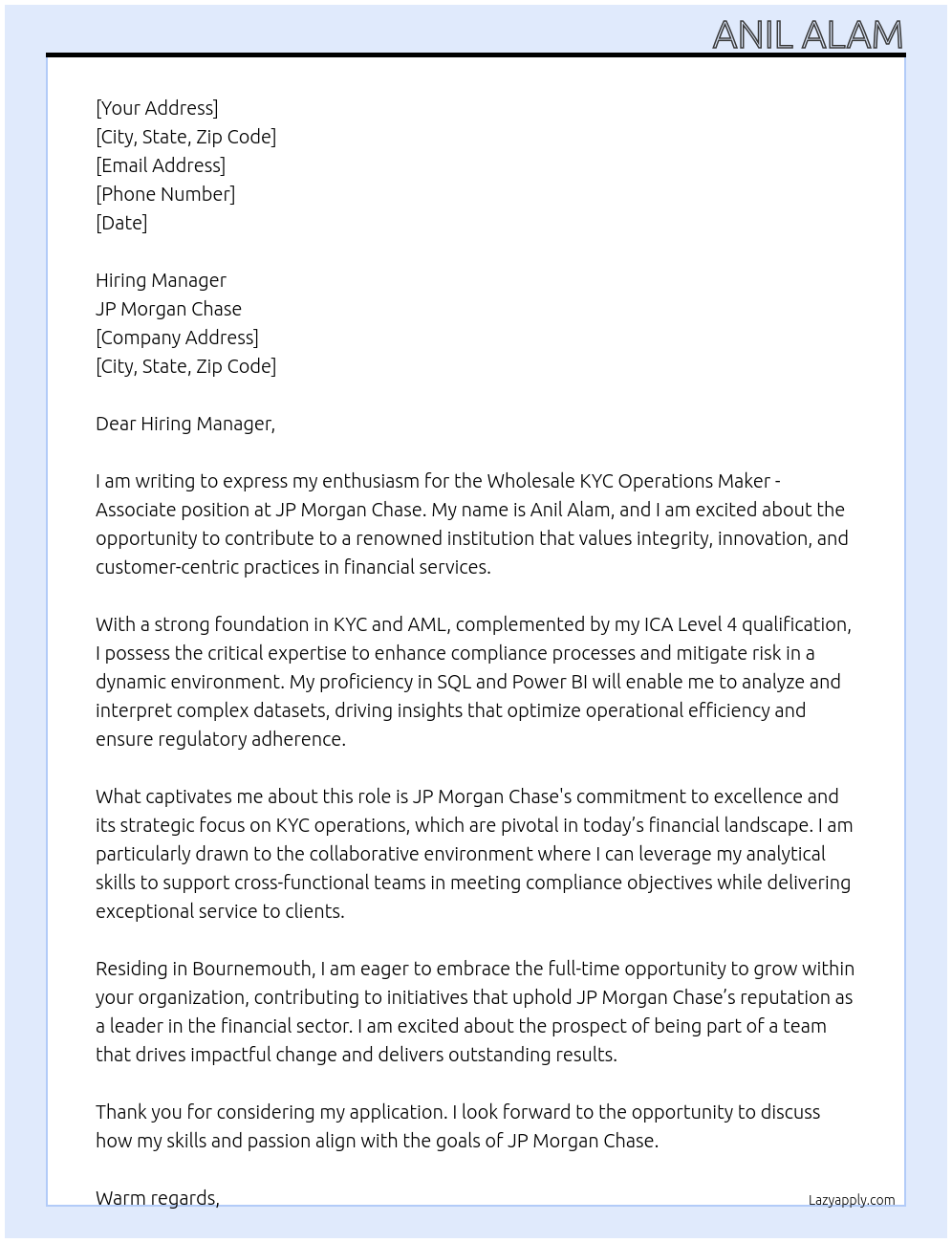 Wholesale KYC Operations Maker - Associate At JP Morgan chase Cover Letter