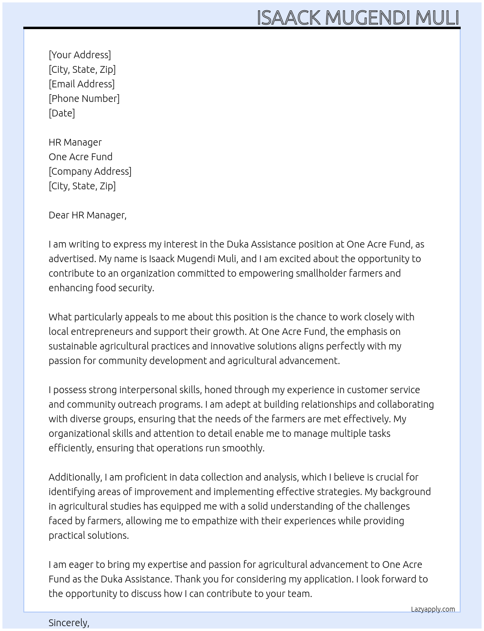 Duka assistance At One acre fund Cover Letter