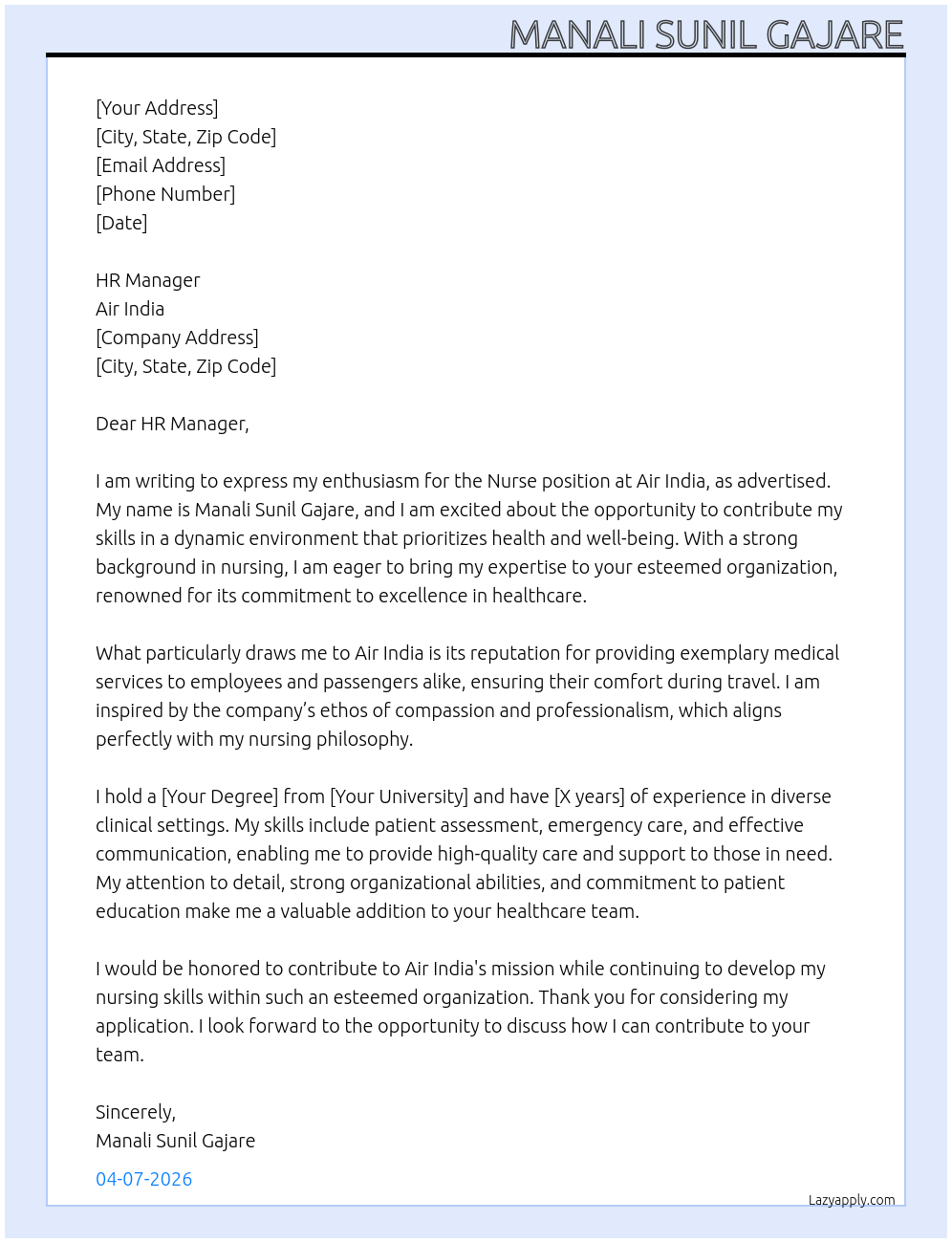 NURCE  At AIR INDIA Cover Letter