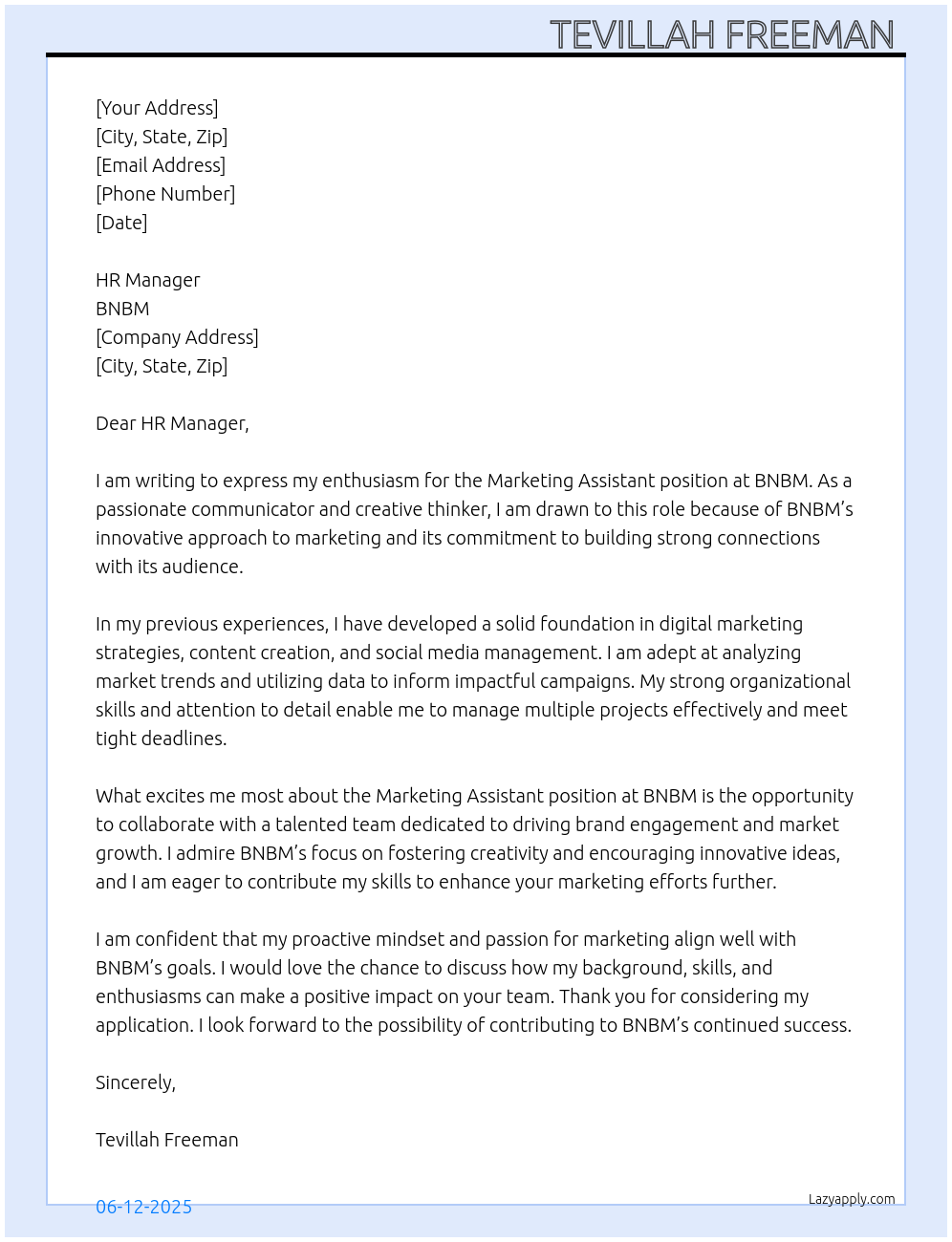 Marketing Assistant At BNBM Cover Letter