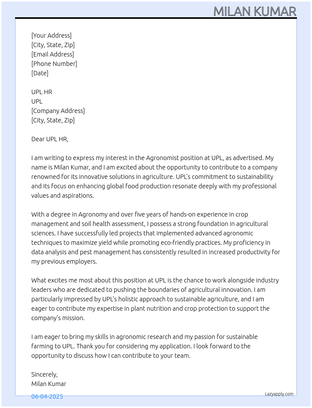 Agronomist At UPL Cover Letter