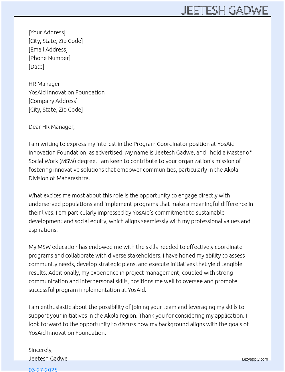 Program Coordinator At YosAid Innovation Foundation Cover Letter