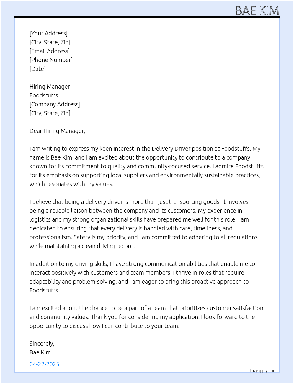 delivery driver At Foodstuffs Cover Letter