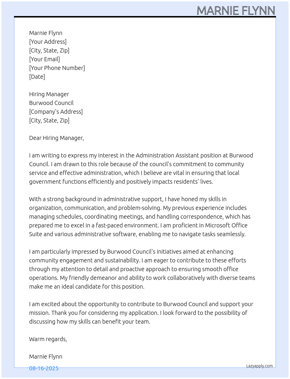 Administration Assistant At Burwood Council Cover Letter