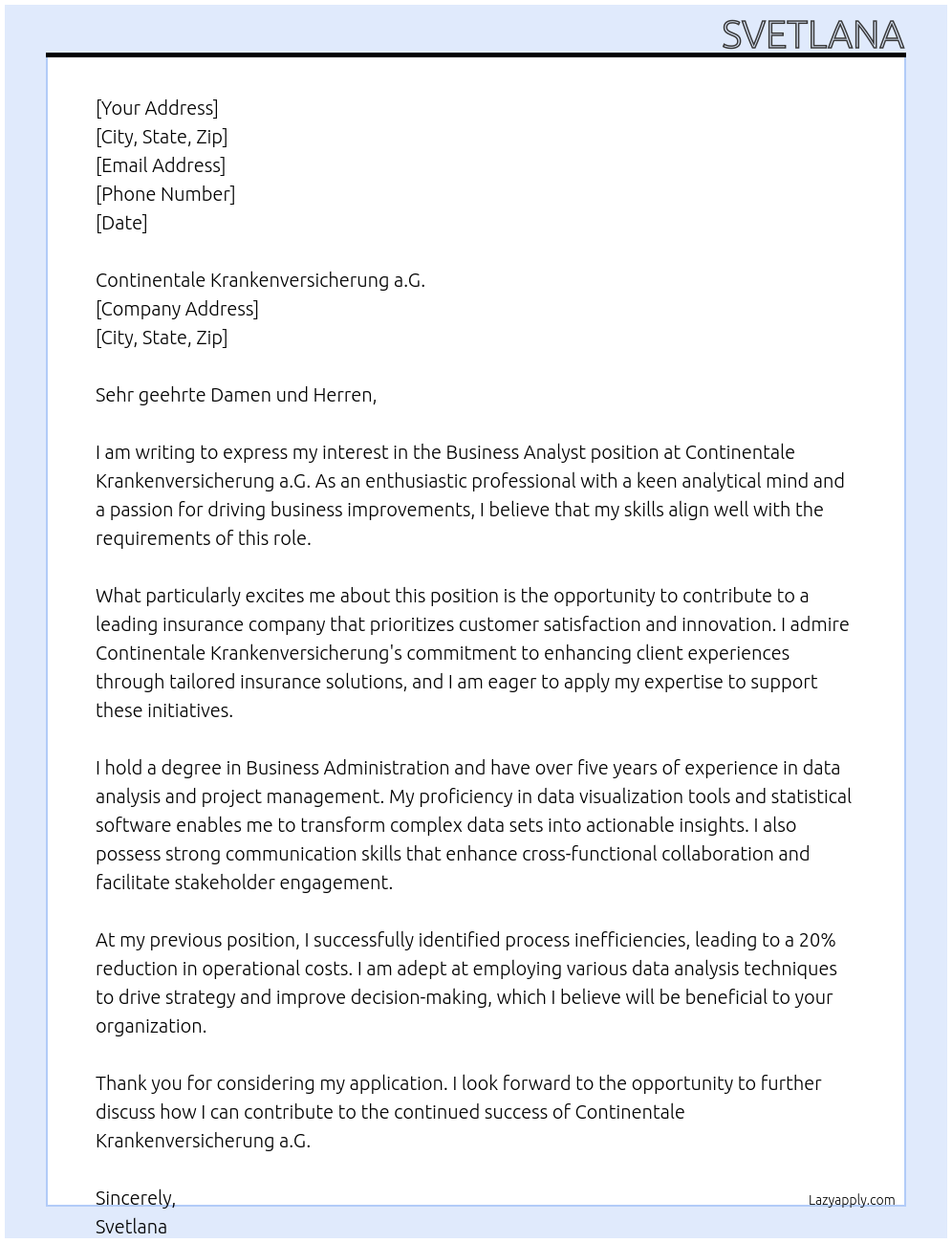 Business Analyst At Continentale Krankenversicherung a.G. Cover Letter