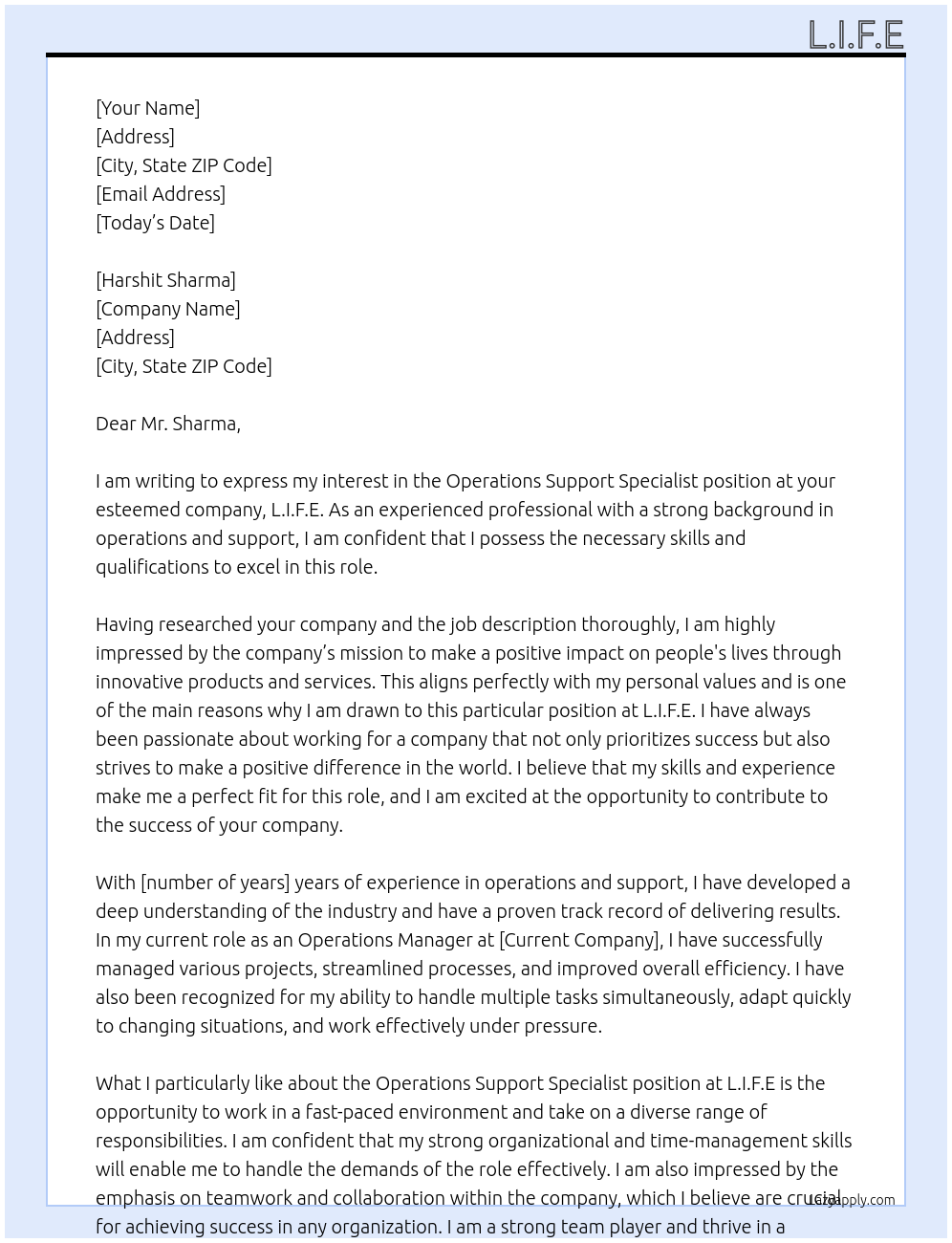 Cover letter for operations support specialist - LazyApply