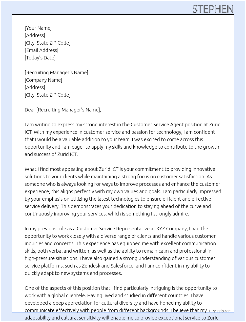 Customer Service Agent At Zurid ICT Cover Letter