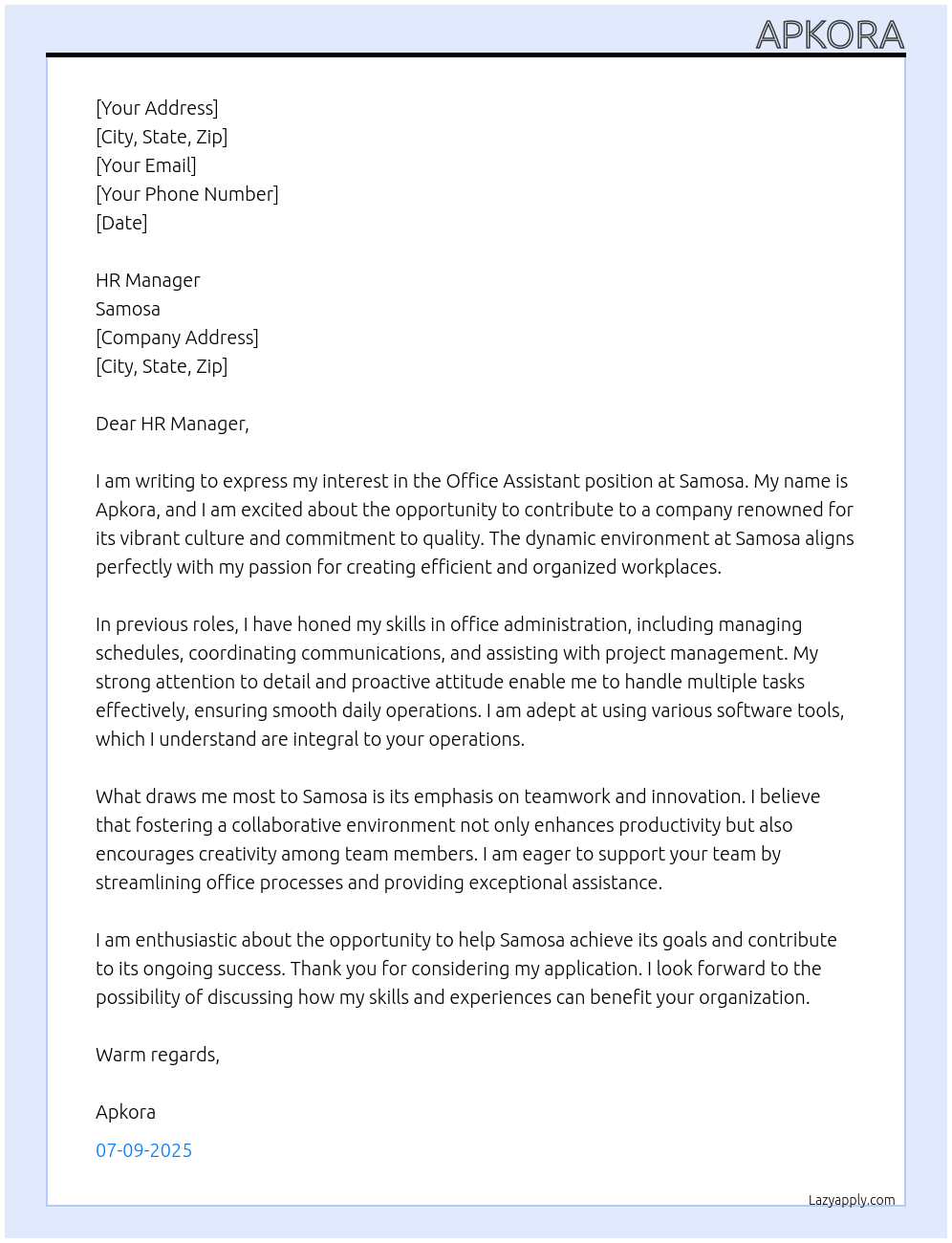 Office assistant  At Samosa Cover Letter