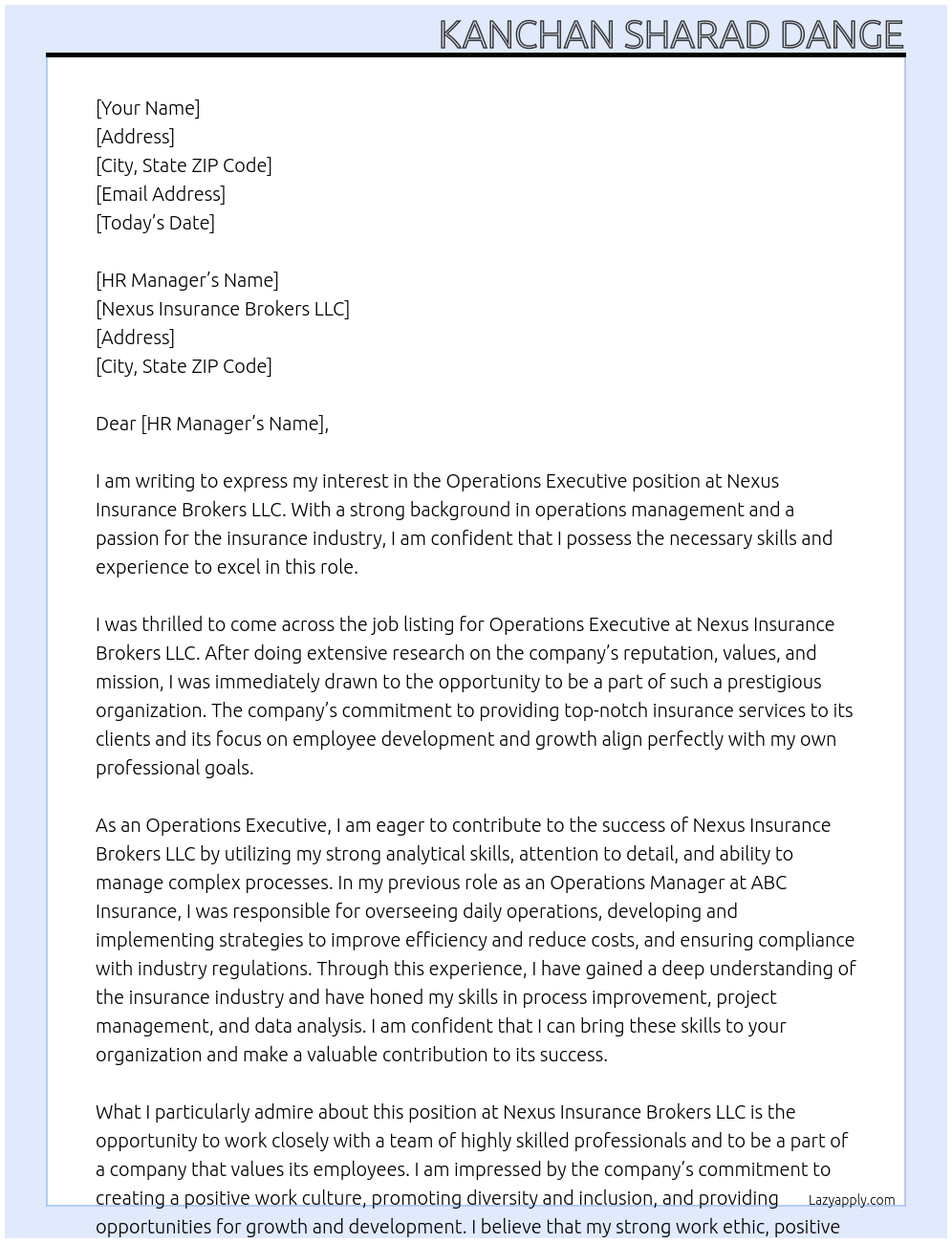 Operations Executive At Nexus Insurance Brokers LLC Cover Letter