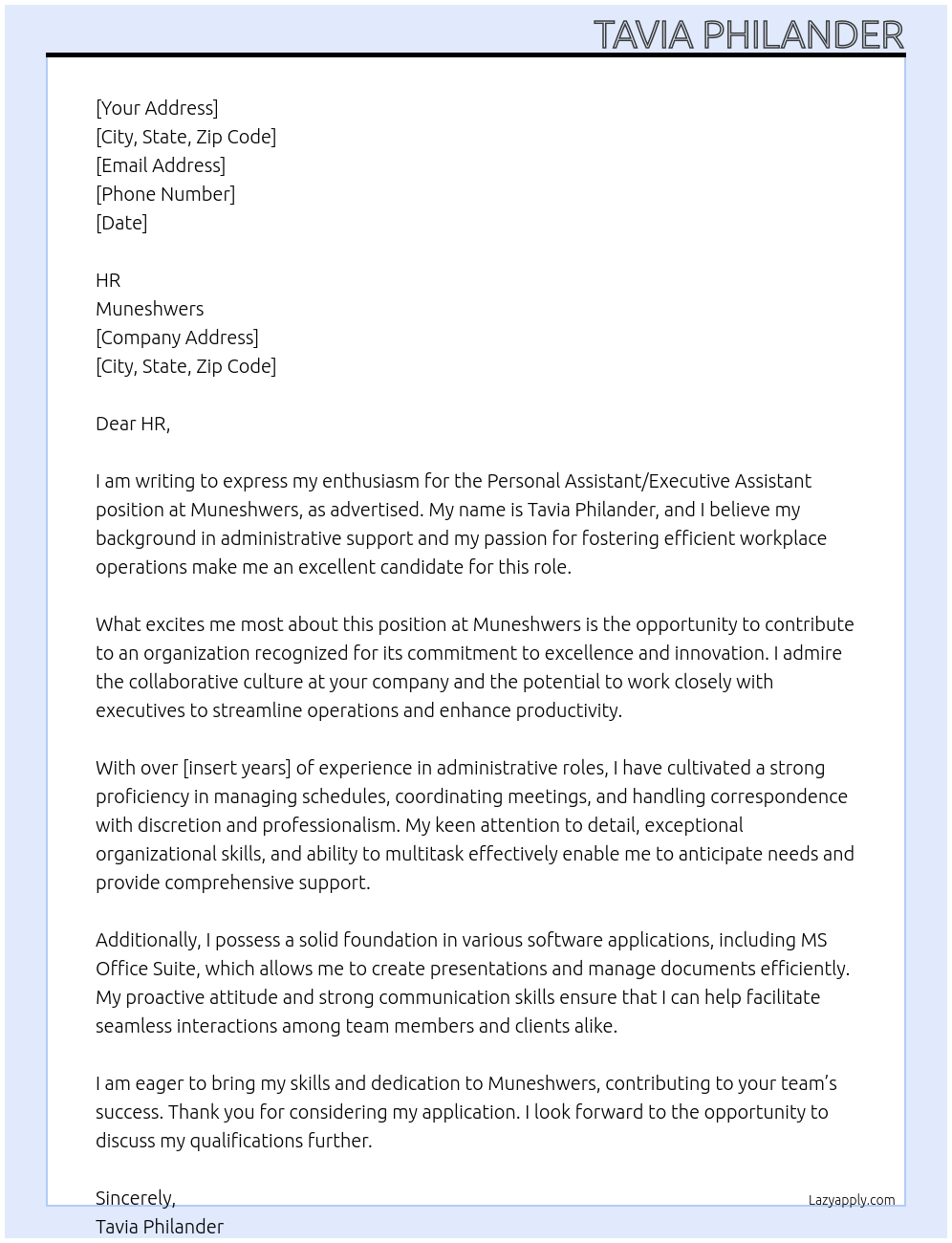 Cover letter for application – personal assistant/ executive assistant’ - LazyApply