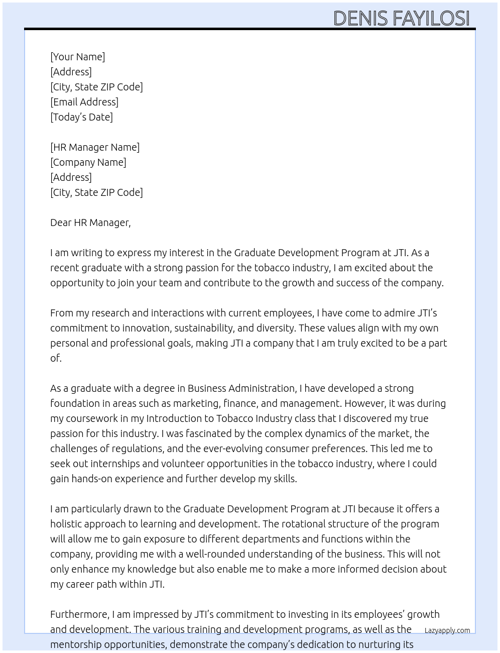 Graduate development program At JTI Cover Letter