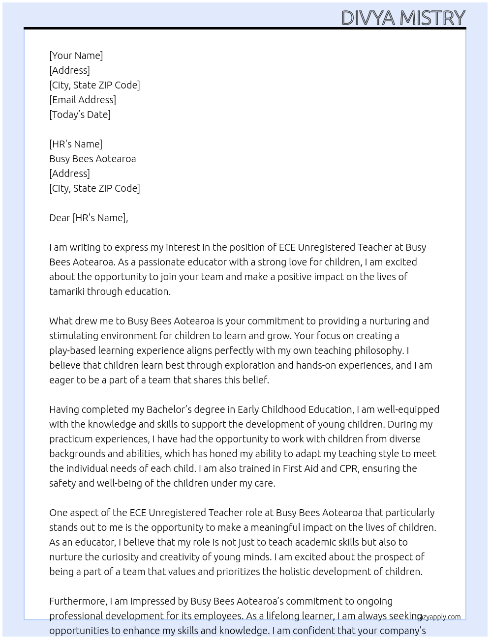 ECE Unregistered Teacher At Busy Bees Aotearoa Cover Letter