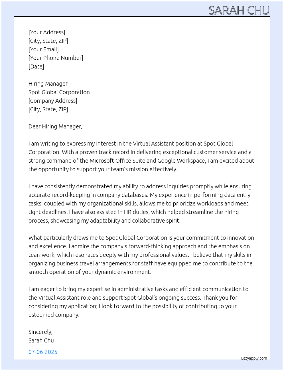 virtual Assistant  At Spot Global Corporation Cover Letter