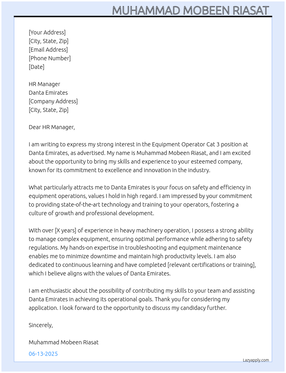 Cover letter for equipment operator cat 3 - LazyApply