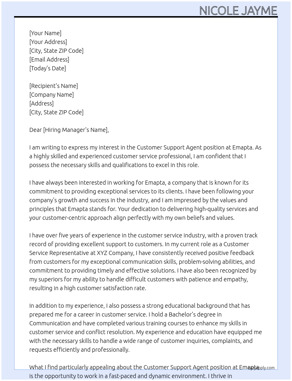 Customer Support Agent At Emapta Cover Letter