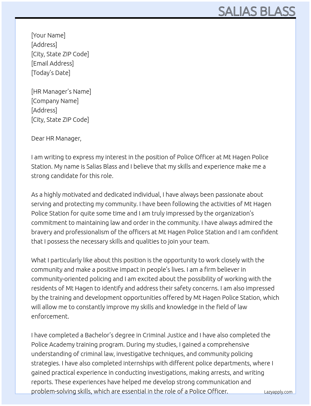 POLICE OFFICER At MT HAGEN POLICE STATION Cover Letter
