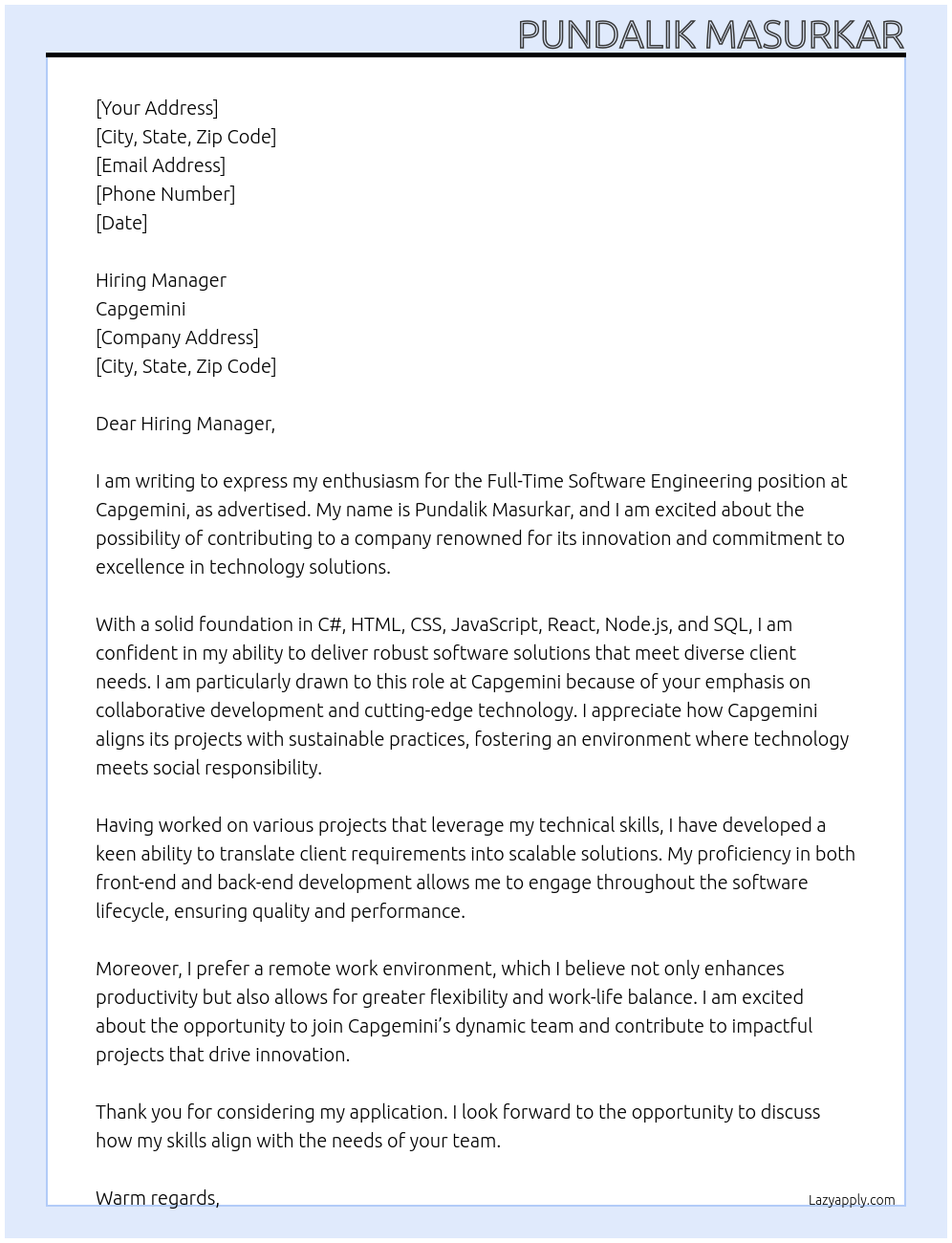 Software Engineering At capgemini Cover Letter