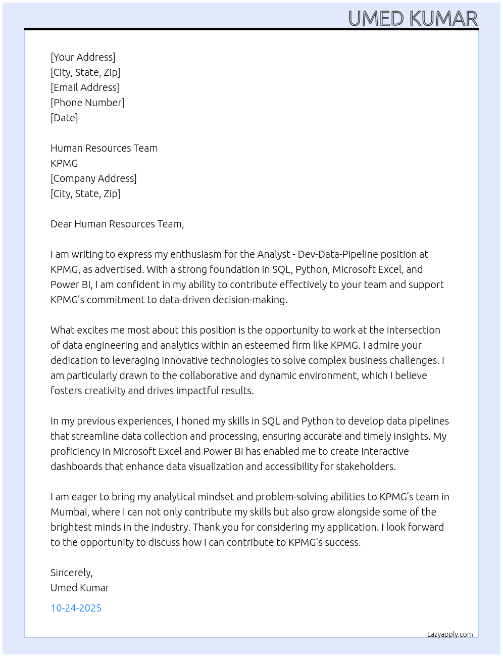 Analyst - Dev-Data-Pipeline At KPMG Cover Letter