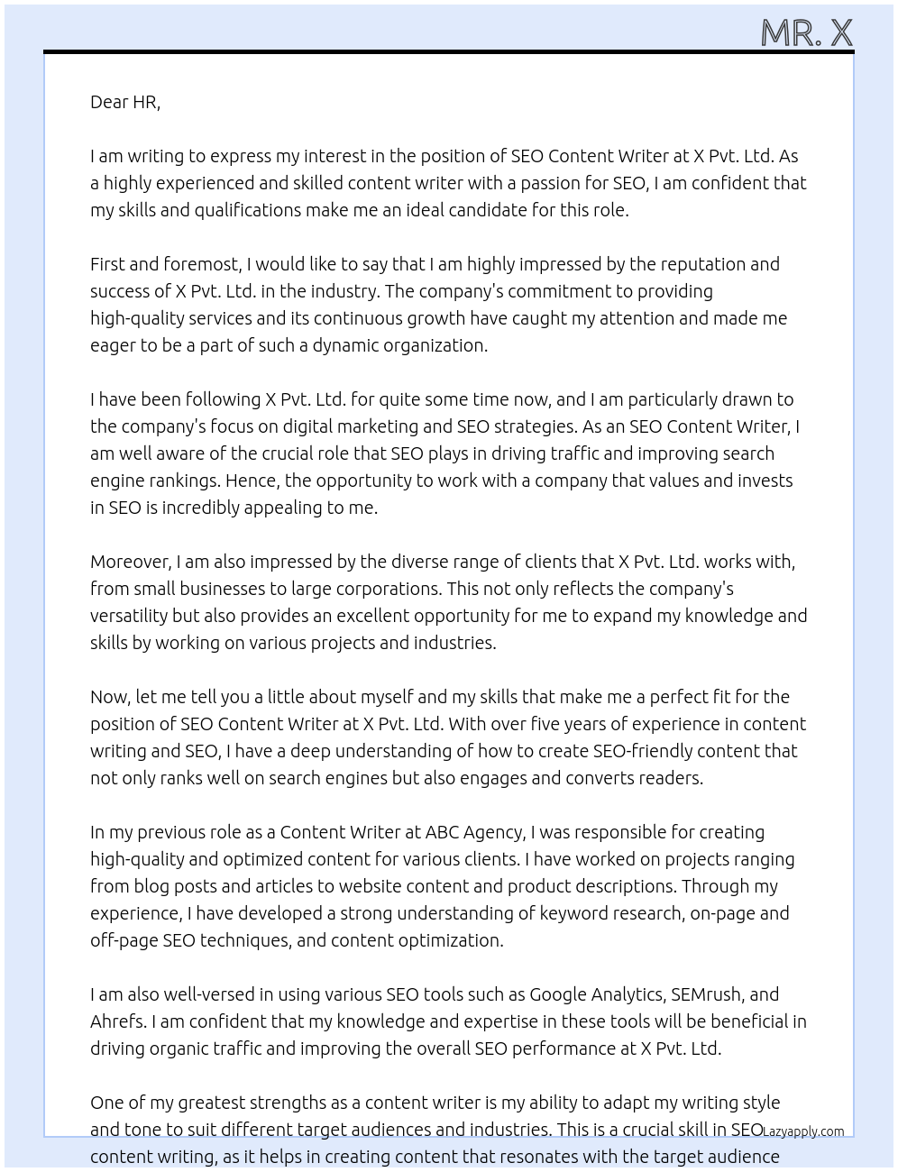 SEO CONTENT WRITER At X Pvt Lmt. Cover Letter