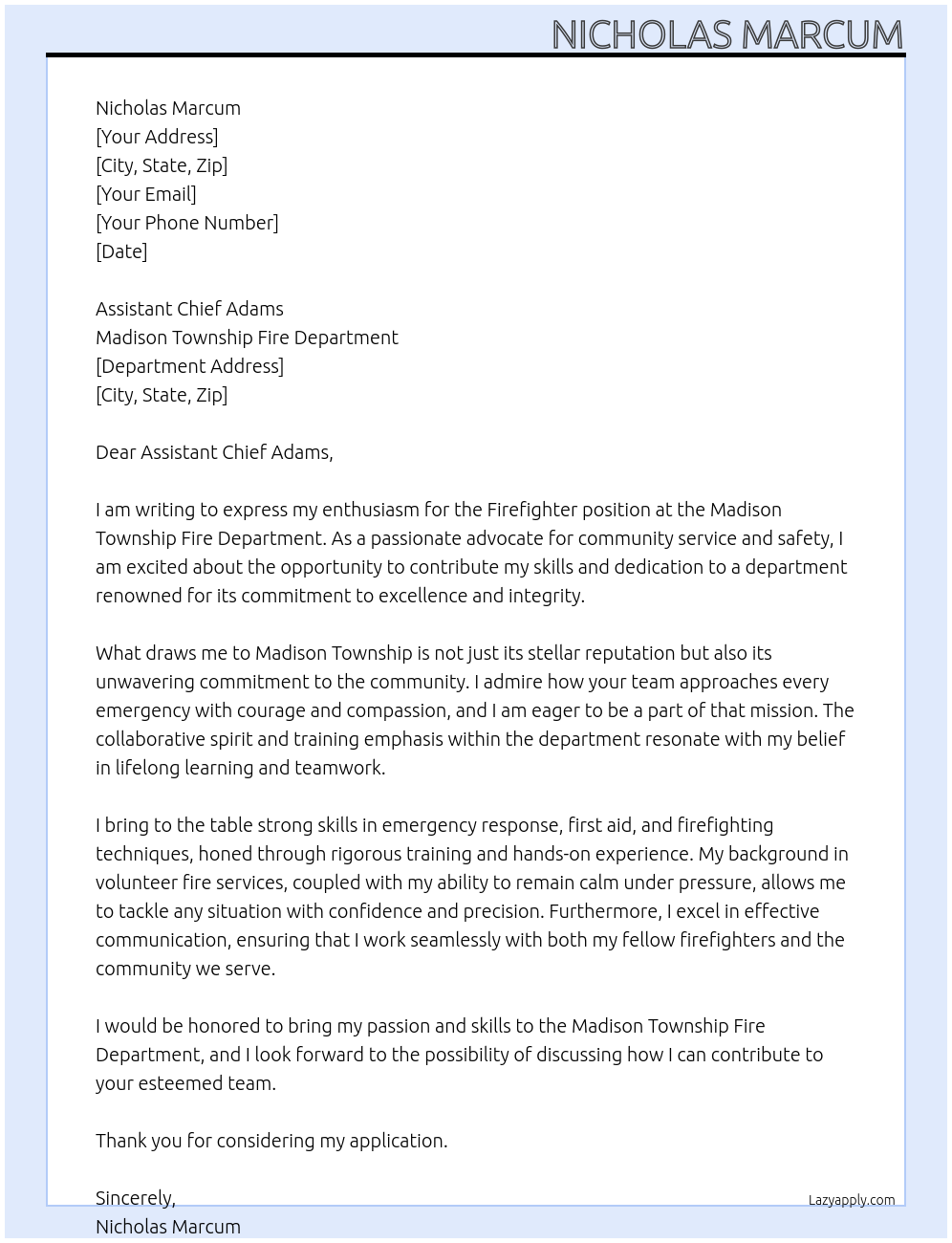 Firefighter At Madison Township Fire Department Cover Letter