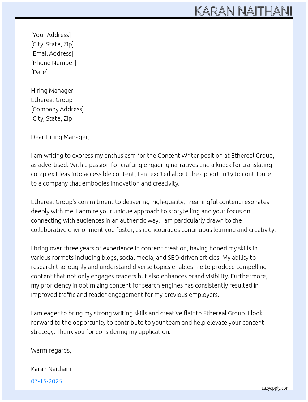 Content Writer At Ethereal Group Cover Letter