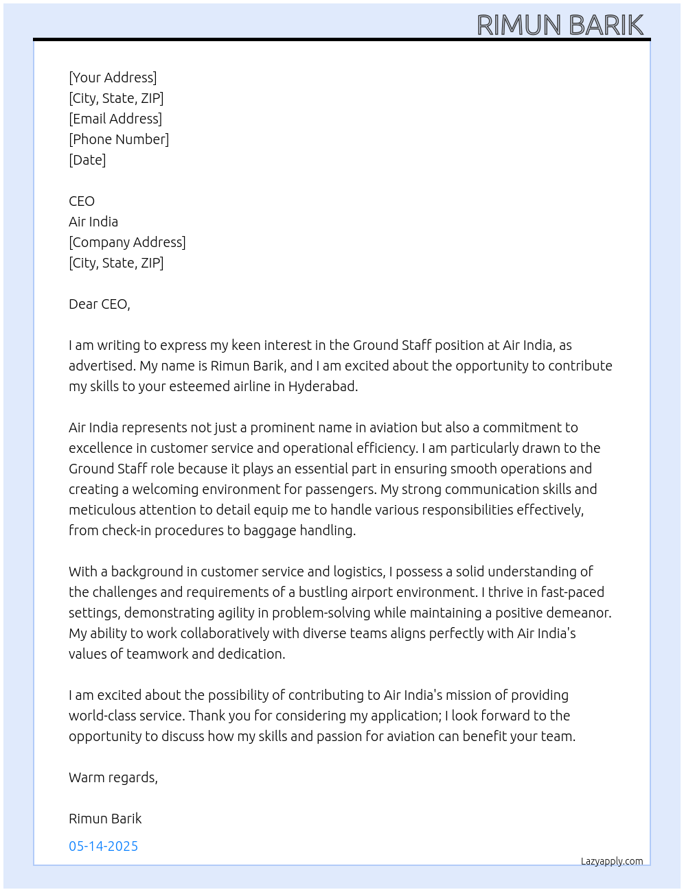 Ground staff At Air India Cover Letter