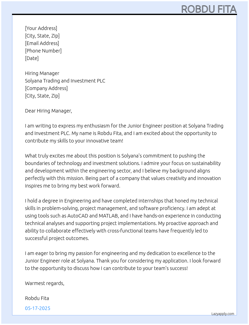 Junior Engineer At Solyana Trading and Investment PLC Cover Letter