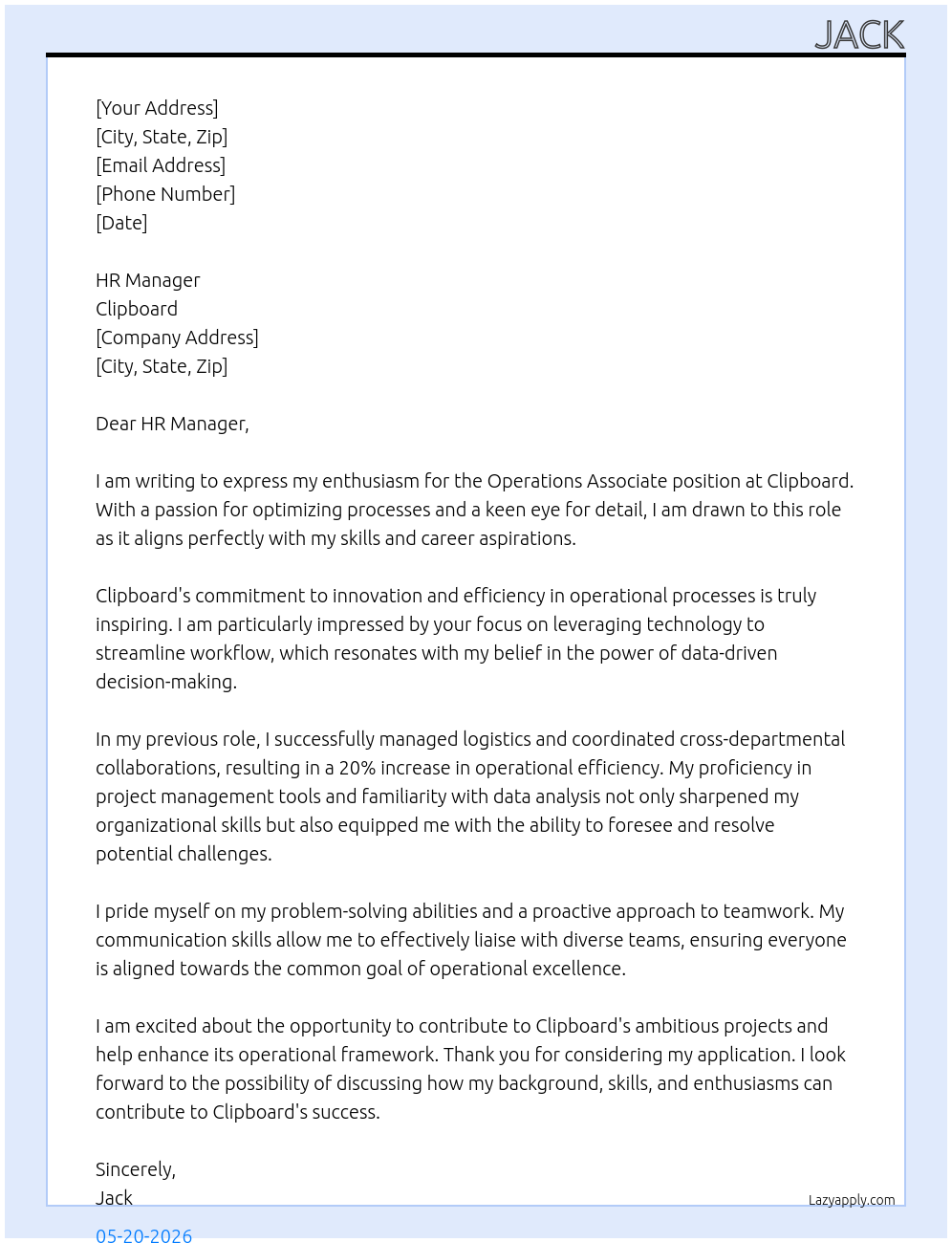 Operations Associate At Clipboard Cover Letter