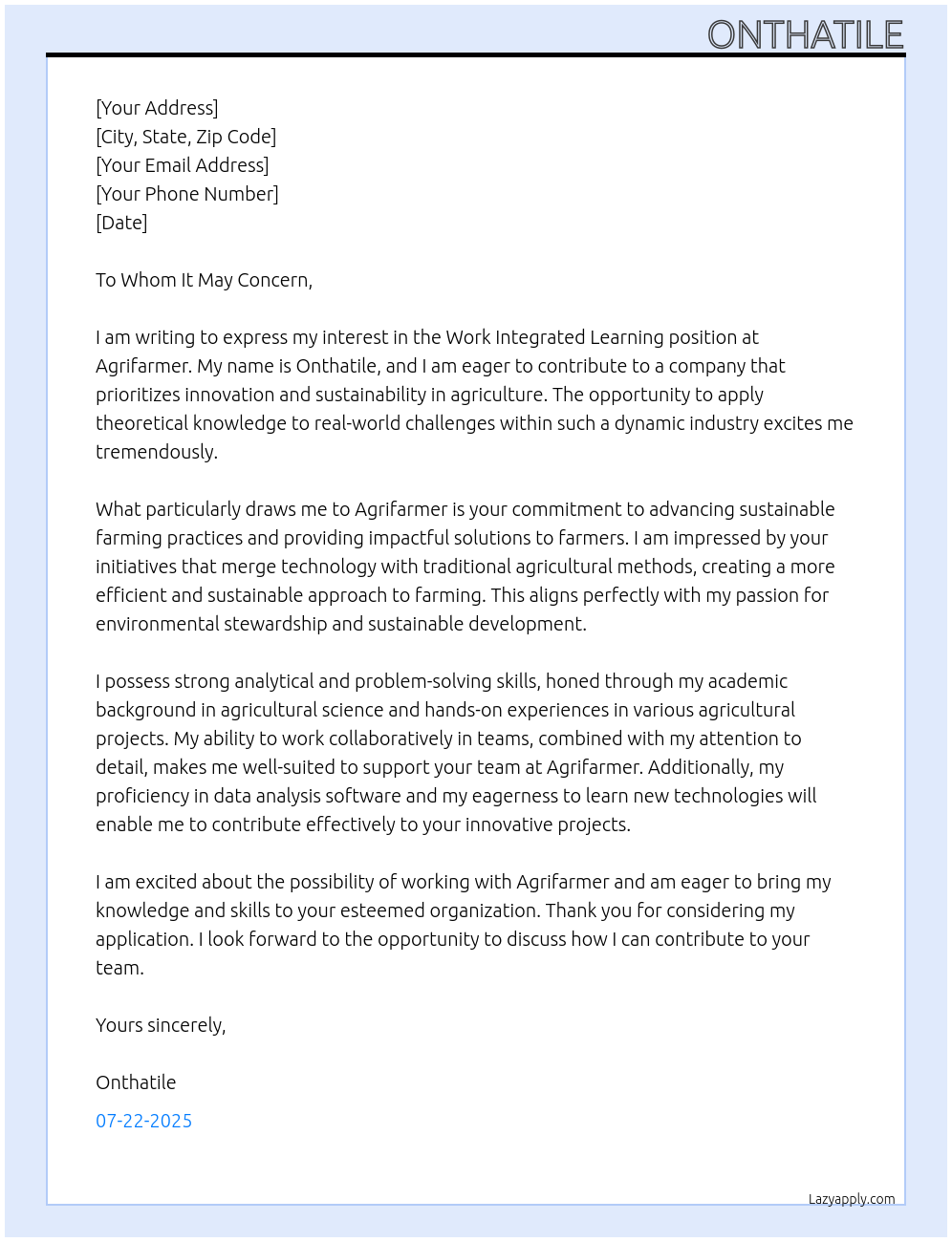 Work integrated learning  At Agrifarmer  Cover Letter