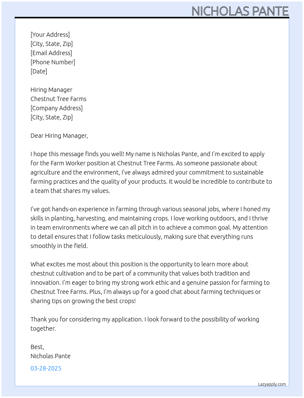Farm Worker At Chestnut tree farms Cover Letter
