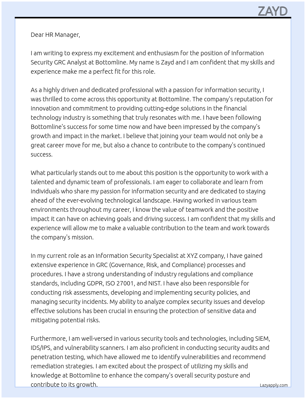 Cover letter for information security grc analyst - LazyApply