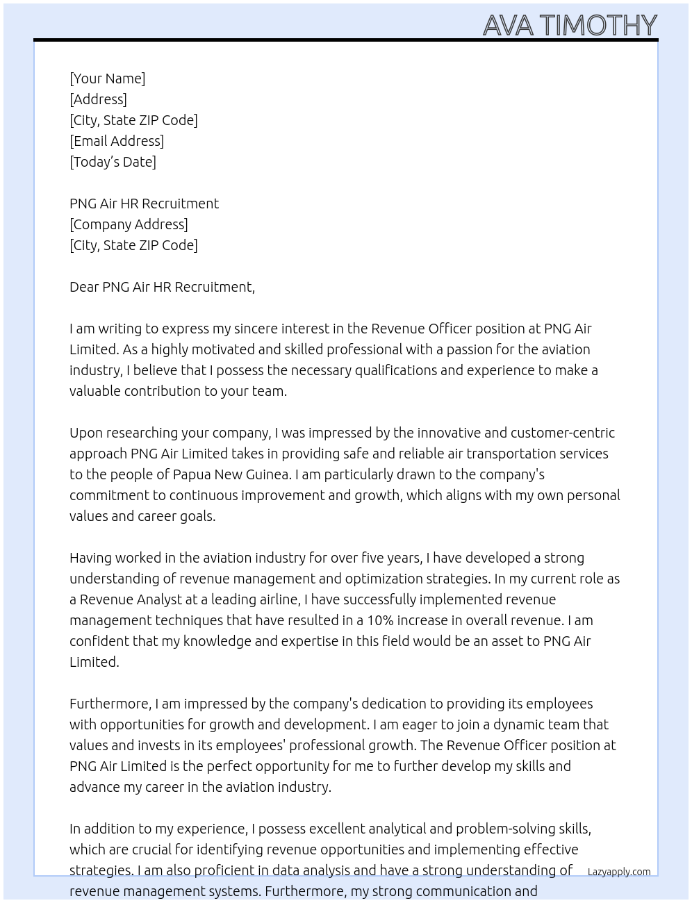 Revenue officer At PNG Air Limited Cover Letter