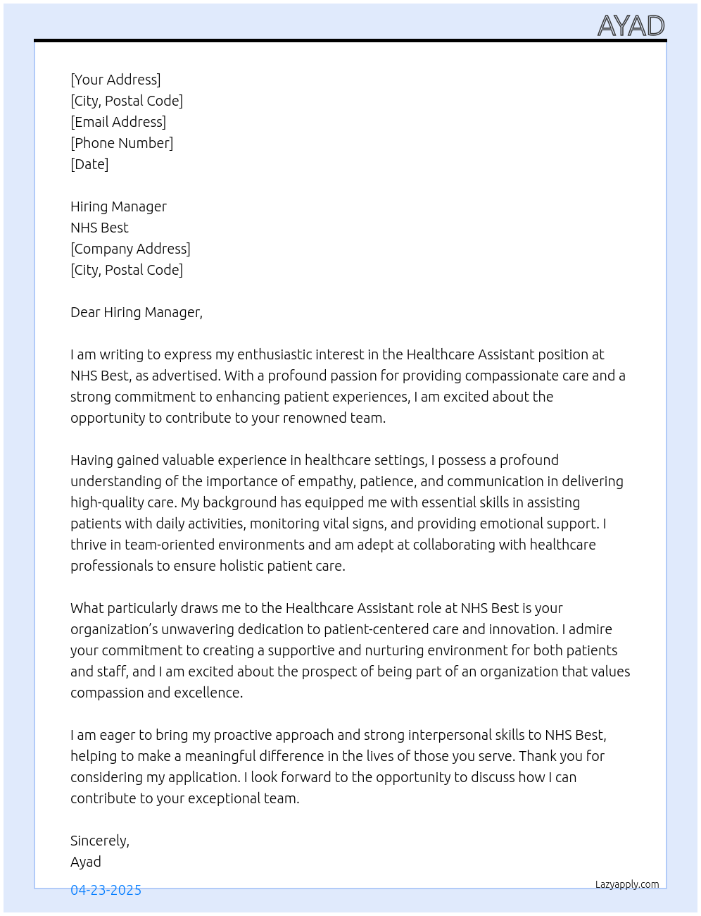 HEALTHCARE ASSISTANT At NHS BESRT Cover Letter