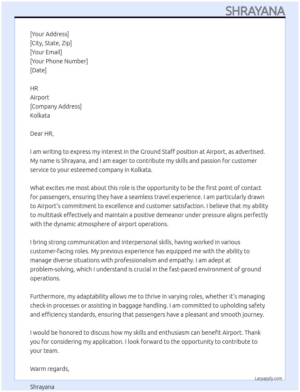 Airport ground staff At Airport Cover Letter