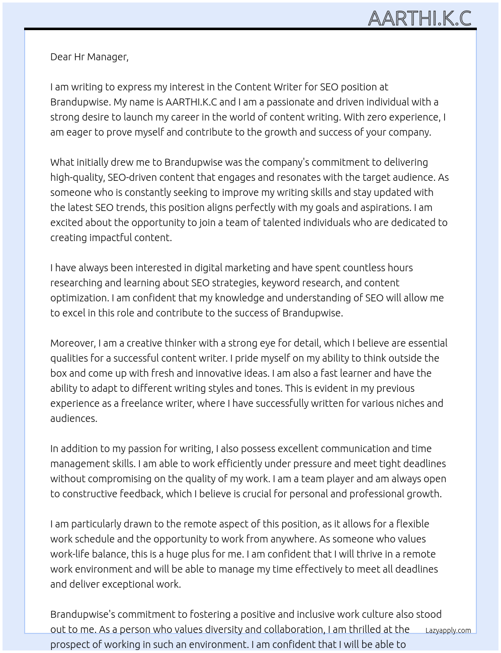 Cover letter for content writer for seo - LazyApply