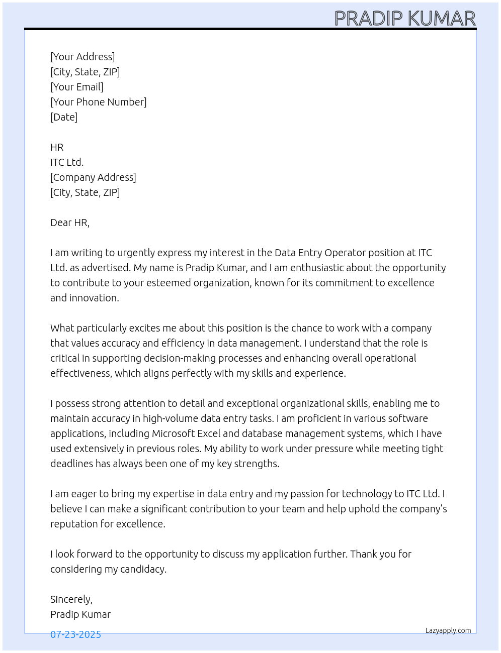 Data Entry Operator At ITC Ltd. com. Cover Letter