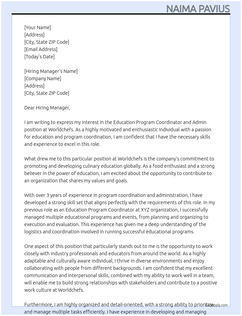 Cover letter for education program coordinator and admin - LazyApply